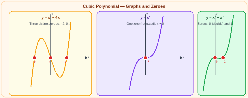 Three graphs of cubic polynomials: y=x&sup3;-4x with three distinct zeroes at -2, 0, and 2; y=x&sup3; with one repeated zero at origin; y=x&sup3;-x&sup2; with zeroes at 0 (double) and 1