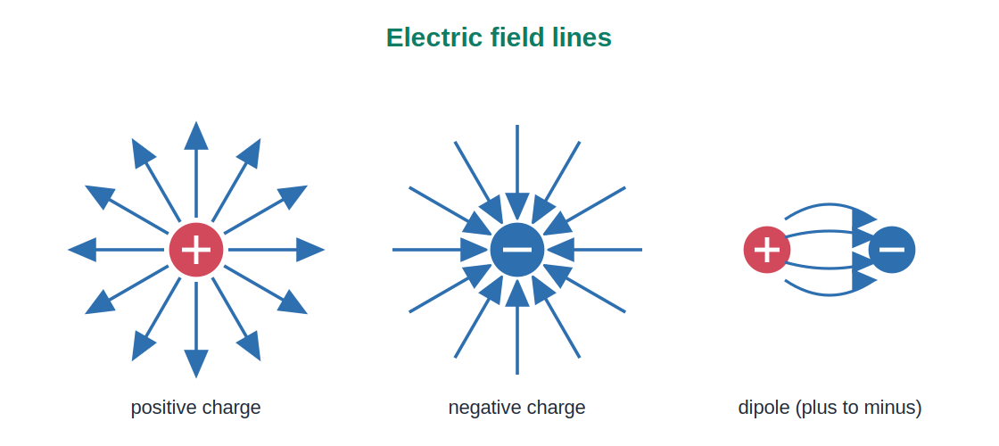 Field lines of a positive charge, a negative charge and a dipole