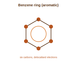 A benzene ring of six carbons with a circle showing delocalised electrons