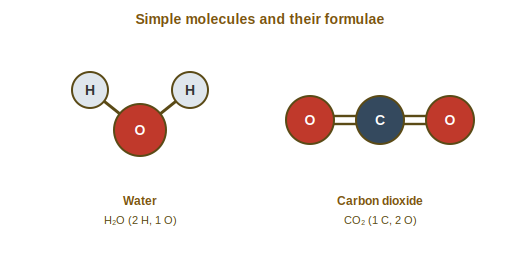 Schematic of a bent water molecule H2O and a linear carbon dioxide molecule CO2