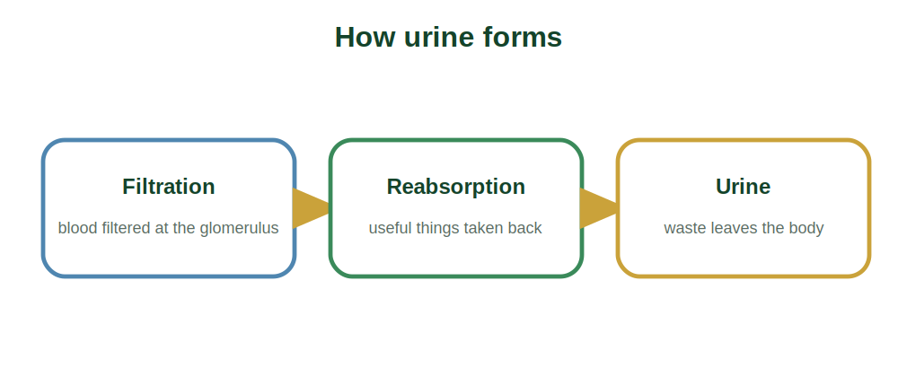 The three steps of urine formation: filtration, reabsorption and urine