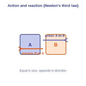 Two blocks in contact with equal and opposite force arrows showing action and reaction
