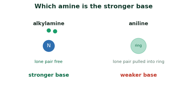 Fig 3. A free lone pair makes an alkylamine a good base, while the ring pulls the aniline lone pair away and weakens it.