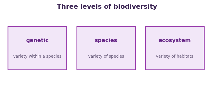 Fig 1. Biodiversity runs from the genes within one species, to many species, to whole ecosystems.