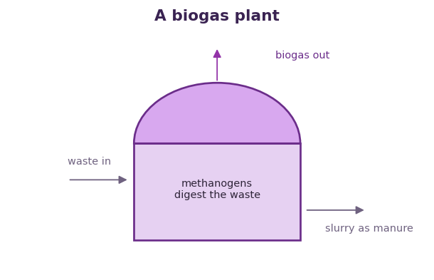 Fig 2. Methanogens digest the waste, giving off biogas as fuel and leaving a slurry that is used as manure.